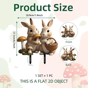 Detailed size chart of 2D flat rabbit and mushroom garden stake with dimensions in cm and inch