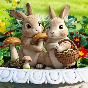Detailed rabbit resin statues with mushroom and basket for garden decoration