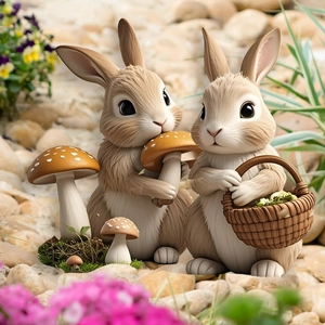 Detailed view of resin rabbit garden statues holding mushrooms and baskets in a natural setting