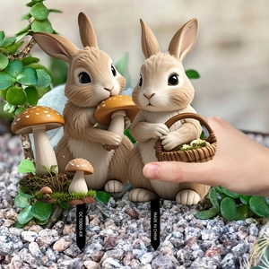 Detailed rabbit garden stakes with mushroom and basket decor set on gravel