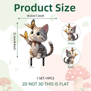 Cartoon cat garden stake dimensions 21.3x18.3cm featuring 2D PVC design with butterflies