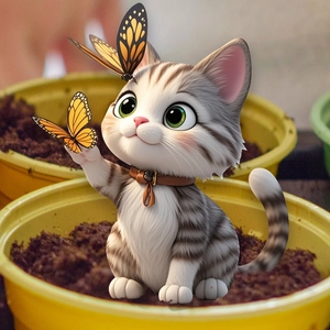 Detail showing a 3D cartoon cat with a yellow barrel and butterfly garden stake decoration