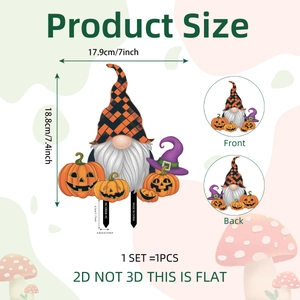 Platte 2D Halloween tuinsteker kabouter met afmetingen en dubbele grondpennen detail