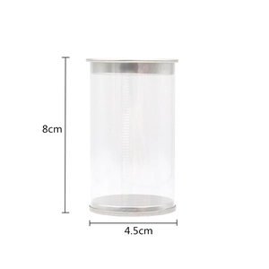 Zylindrische Make-up Schwamm Box, transparent mit Silberbasis, 8cm Höhe und 4,5cm Durchmesser