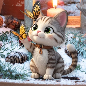 Detail of 3D cartoon cat garden stake with snowy winter pine and warm candle light