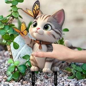 Cartoon grey tabby cat garden stake decorative PVC garden plug for outdoor plants