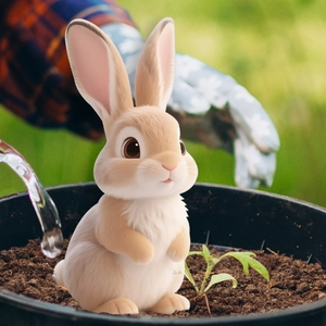 Close-up of a 3D cartoon rabbit garden stake placed in a flower pot with soil