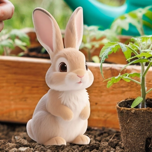 Macro detail of a 3D style rabbit garden stake statue placed in a vegetable garden bed