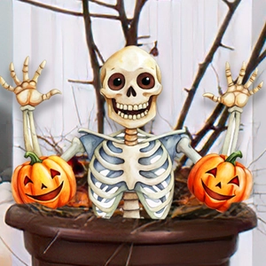 Halloween skelet met pompoenlantaarns in tuinpot decoratie in aquarelstijl