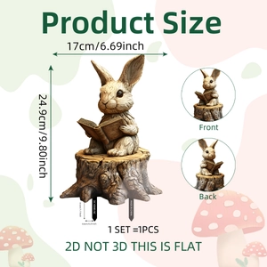2D cartoon rabbit reading on a stump garden stake with dimensions 24.9x17cm