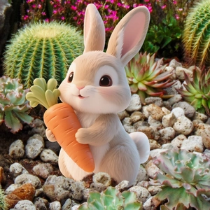 Macro detail of a 3D cartoon bunny ornament holding a carrot in a garden landscape