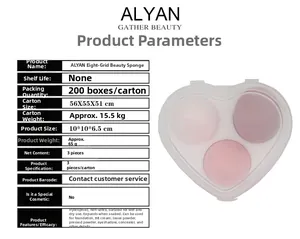 Detailed spec table and clear heart-shaped box with three pink makeup sponges