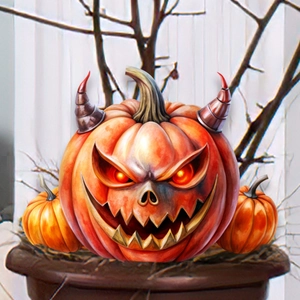 Detail van Halloween-pompoen met hoorns en rode ogen voor decoratieve tuinartikelen