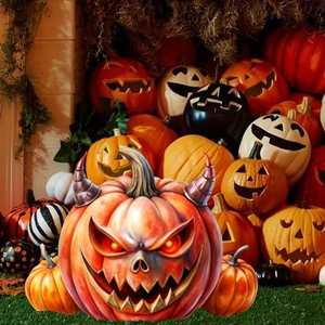 Detail van Halloween duivel pompoen tuinpaal met paarse hoorns en rode gloeiende ogen