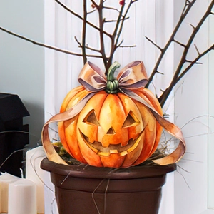 Detail van PVC Halloween pompoensteker met paarse strik en jack-o-lantern gezicht decoratie
