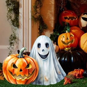Halloween tuindecoratie met klassieke gesneden pompoen en een lachend wit spookfiguurtje