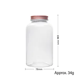 500ml transparent wide mouth plastic jar with bronze metal lid, height 138mm, diameter 78mm