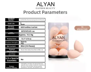 Detailed view of mini makeup sponge set in cylinder bottle with size specifications