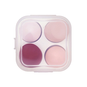 Four-piece makeup sponge set in gradient pink tones with transparent storage box