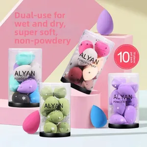 Detailed set of 10 soft colorful makeup sponges in a transparent cylinder container