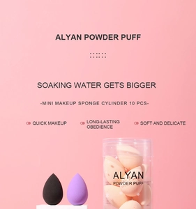 Close-up of 10-piece mini beauty blender set in a transparent tube for makeup