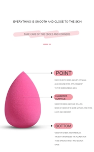 Detail of rose red makeup sponge showing usage of point, cambered surface and bottom