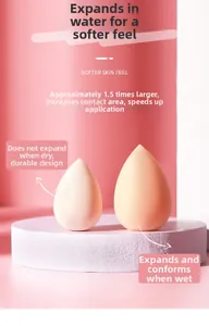 Detailed comparison of dry and wet makeup sponges showing expansion in size