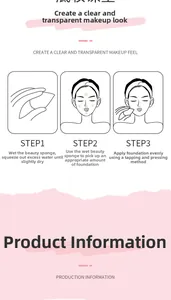 Three-step tutorial showing wet use and application of beauty blender makeup sponges