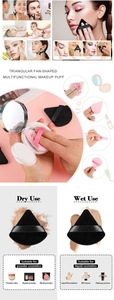 Detalle de las borlas de maquillaje triangulares y en abanico para uso en seco y en húmedo