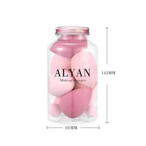 Pink makeup sponge set in transparent bottle with size dimensions 145mm by 81mm