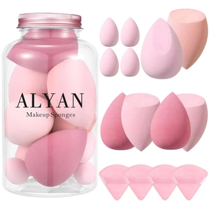 14-piece makeup sponge set with various pink blenders in a clear storage jar
