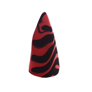 Dual-color red and black marble beauty blender with tapered tip for makeup application