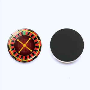 Detailed front and back views of a glass roulette wheel fridge magnet with soft magnetic backing
