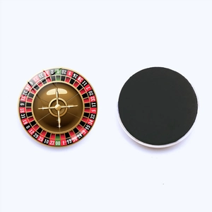 Detail of 25mm glass roulette fridge magnet showing colorful front and magnetic back