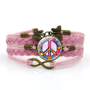 Retro Multilayer Braided Leather Bracelet With Alloy Butterfly Infinity Charms Floral Peace Sign Glass Cabochon For Women Men