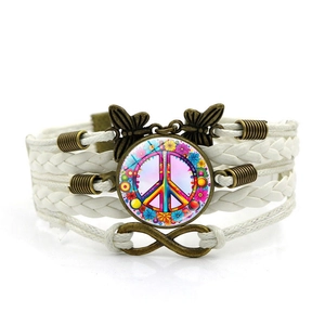 Pink floral peace sign bracelet with multilayer braided leather and butterfly charms