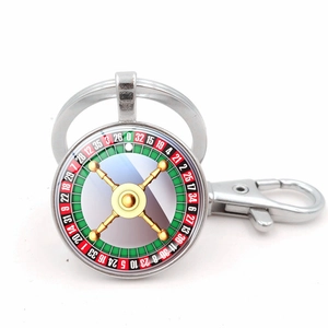 Porte-clés Vintage Roue de Roulette de Casino en Alliage de Zinc Cabochon en Verre Thème Jeu d'Argent Pendentif pour Sacs Bijoux Unisexe