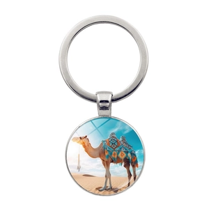 Silver metal keychain with a desert camel photo pendant against a blue sky background
