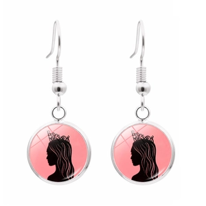 Glinda themed silver ear hooks with pink silhouette charms for women, white background
