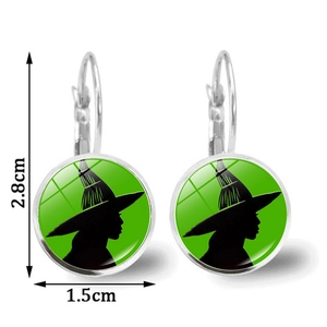 Green Wicked Witch earrings with size dimensions 2.8cm by 1.5cm on white background