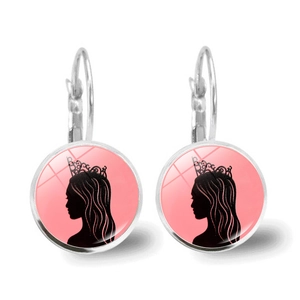 Silver leverback earrings featuring pink cabochon charms with a black princess silhouette