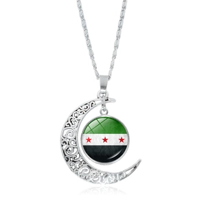 Syrian flag crescent moon pendant necklace with silver filigree and glass gem detail