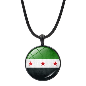 Syrian flag glass dome necklace with black braided cord and three red stars pendant