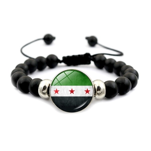 Adjustable Syria flag beaded bracelet with black matte beads and green white black emblem