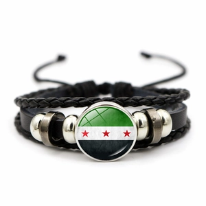 Braided leather Syria flag bracelet with green white black colors and red stars charm