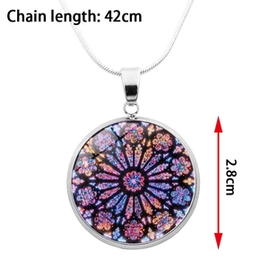 Notre Dame rose window glass pendant necklace with 42cm silver chain on white background