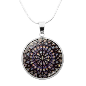 Silver necklace with colorful Notre Dame rose window pattern under glass cabochon