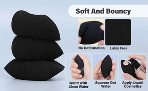 Detailoverzicht van zachte, latexvrije zwarte make-up sponges en hun elastische textuur
