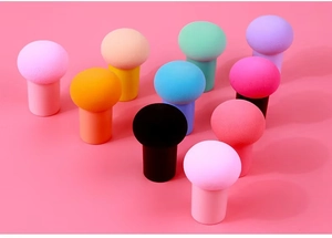 Close-up of vibrant multi-colored mushroom head makeup sponges with soft texture