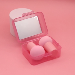 Mushroom head makeup sponge set with two pink puffs and a mirrored storage case